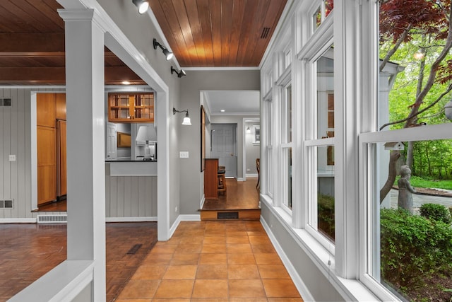 710 Longwood Dr, Lake Forest, IL 60045 - hall featuring wood ceiling, plenty of natural light, baseboards, and ornamental molding