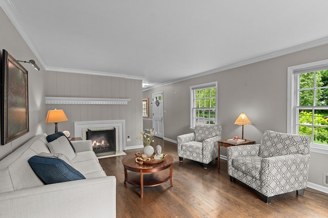 710 Longwood Dr, Lake Forest, IL 60045 - living room with crown molding, dark wood-style floors, a fireplace with flush hearth, and baseboards