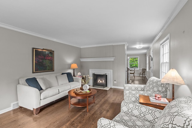 710 Longwood Dr, Lake Forest, IL 60045 - living area featuring crown molding, wood finished floors, baseboards, and a fireplace with flush hearth