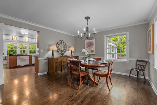 710 Longwood Dr, Lake Forest, IL 60045 - dining area featuring a chandelier, dark wood-style floors, crown molding, and baseboards