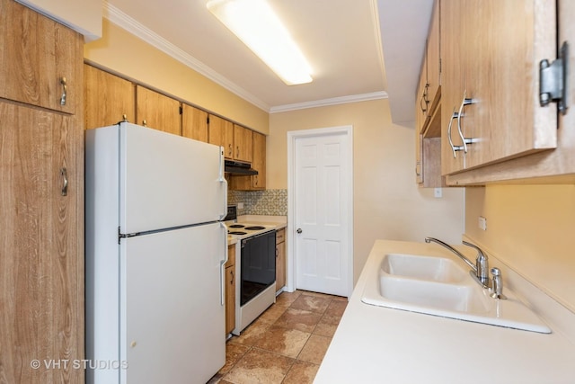 4037 Trafalgar Ln, Oak Lawn, IL 60453 - kitchen featuring freestanding refrigerator, range with electric stovetop, under cabinet range hood, decorative backsplash, and light countertops