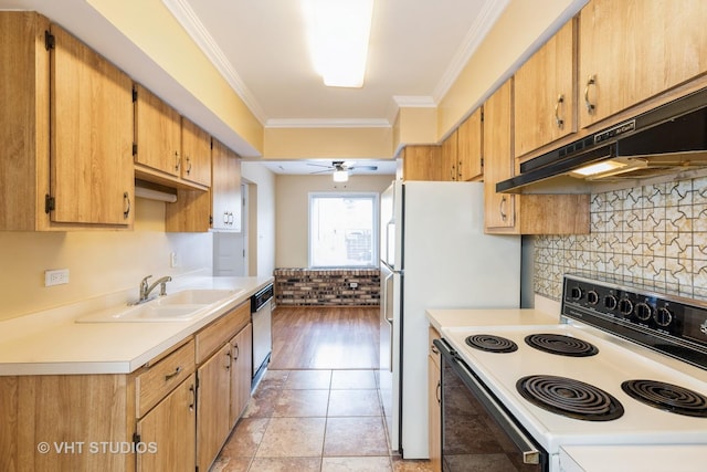 4037 Trafalgar Ln, Oak Lawn, IL 60453 - kitchen with white range with electric stovetop, under cabinet range hood, ornamental molding, a sink, and ceiling fan