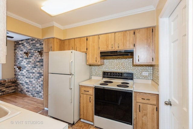 4037 Trafalgar Ln, Oak Lawn, IL 60453 - kitchen with electric range, freestanding refrigerator, under cabinet range hood, light countertops, and crown molding