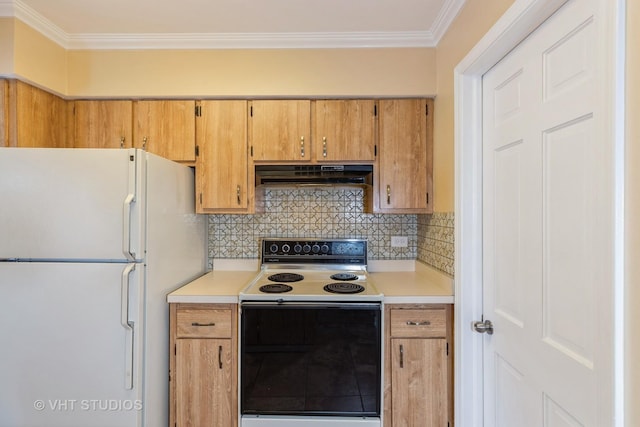 4037 Trafalgar Ln, Oak Lawn, IL 60453 - kitchen featuring electric range oven, freestanding refrigerator, under cabinet range hood, crown molding, and light countertops
