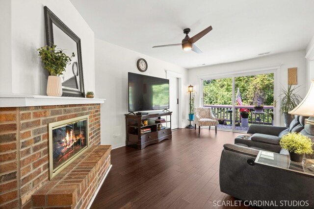 2S414 Emerald Green Dr Unit G, Warrenville, IL 60555 - living area with a ceiling fan, wood finished floors, and a brick fireplace