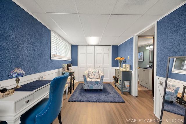 376 Belden Ave, Glendale Heights, IL 60139 - office area featuring a paneled ceiling, a textured wall, wood finished floors, and a wainscoted wall