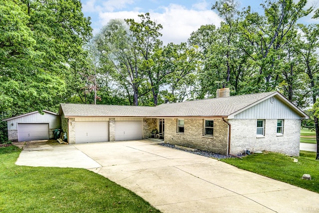 13443 S Forest Ln, Lockport, IL 60441 - ranch-style house with driveway, a chimney, brick siding, a garage, and a front yard