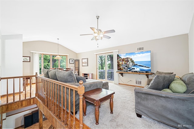 13443 S Forest Ln, Lockport, IL 60441 - carpeted living area featuring lofted ceiling, a ceiling fan, healthy amount of natural light, and baseboards
