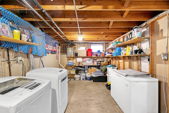 17124 Langley Ave, South Holland, IL 60473 - basement featuring washing machine and clothes dryer, fridge, and electric panel