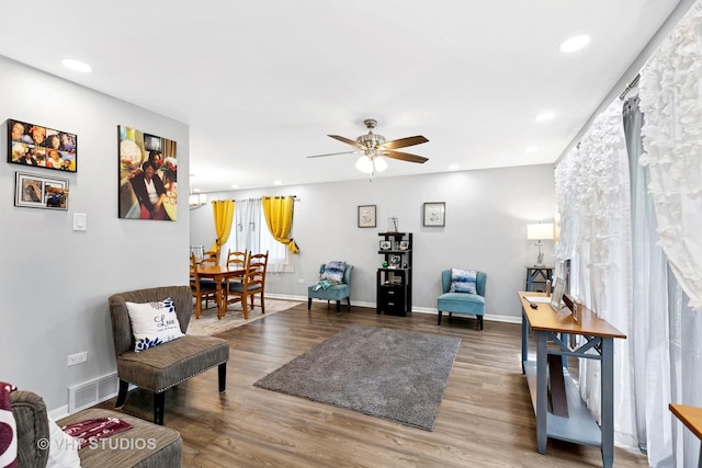 17124 Langley Ave, South Holland, IL 60473 - living room with recessed lighting, a ceiling fan, wood finished floors, and baseboards