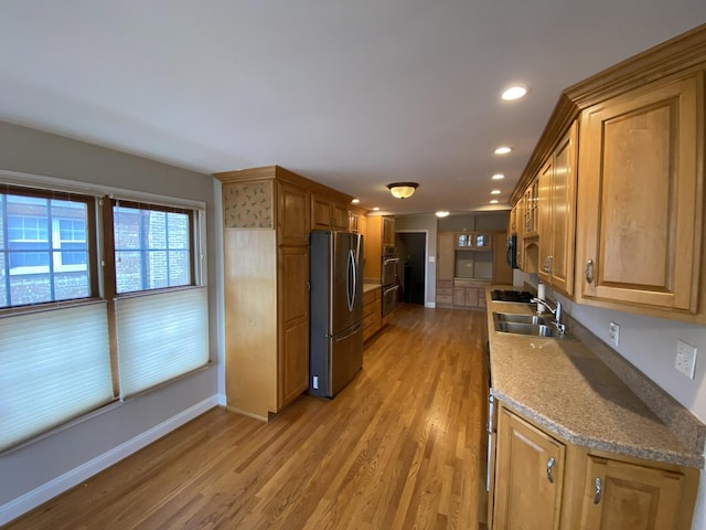 10724 S Ridgeway Ave, Chicago, IL 60655 - kitchen with freestanding refrigerator, a sink, light wood-style flooring, baseboards, and recessed lighting