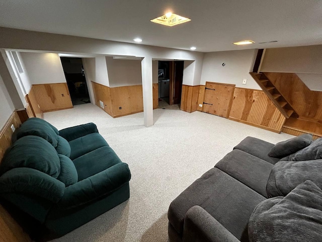 10724 S Ridgeway Ave, Chicago, IL 60655 - living area featuring light carpet, a wainscoted wall, wood walls, stairs, and recessed lighting
