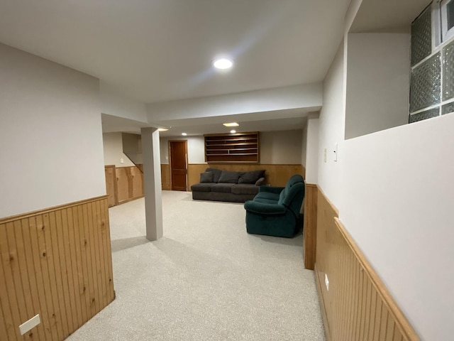 10724 S Ridgeway Ave, Chicago, IL 60655 - living room with a wainscoted wall, carpet flooring, wood walls, and recessed lighting