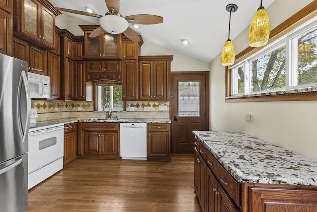 525 N 3rd Ave, Villa Park, IL 60181 - kitchen with white appliances, ceiling fan, tasteful backsplash, a sink, and pendant lighting