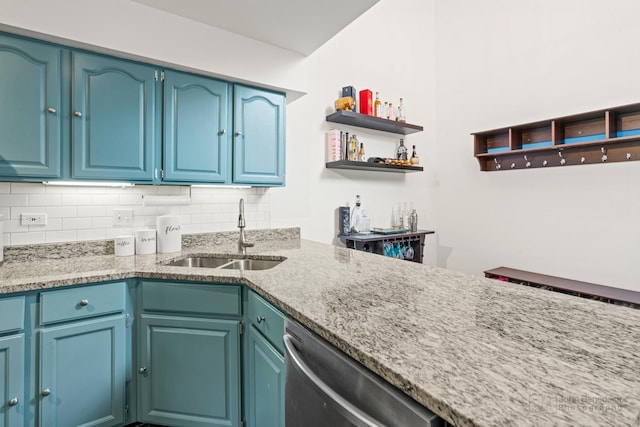 870 N Auburn Woods Dr, Palatine, IL 60067 - kitchen featuring a sink, stainless steel dishwasher, backsplash, open shelves, and light stone counters