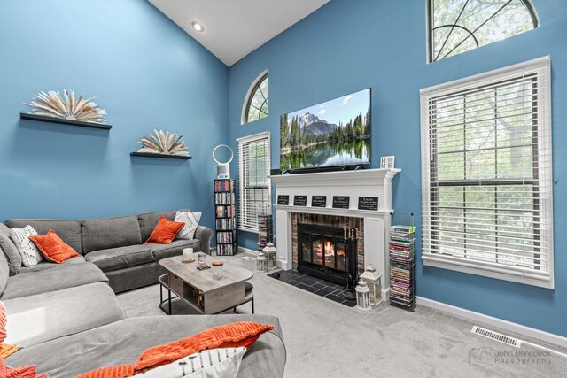 870 N Auburn Woods Dr, Palatine, IL 60067 - carpeted living room featuring high vaulted ceiling, baseboards, and a fireplace