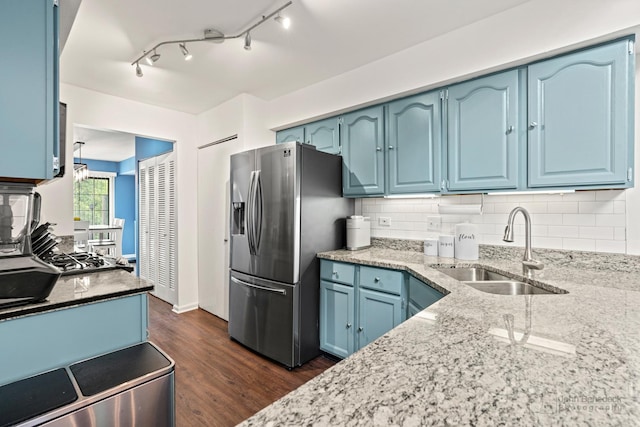 870 N Auburn Woods Dr, Palatine, IL 60067 - kitchen with blue cabinetry, stainless steel fridge with ice dispenser, a sink, dark wood-style flooring, and light stone countertops