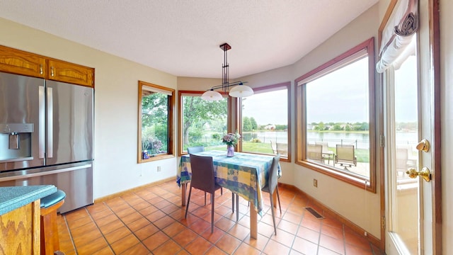2903 Prairie Meadow Dr, Champaign, IL 61822 - dining area with a water view, light tile patterned floors, baseboards, and a textured ceiling