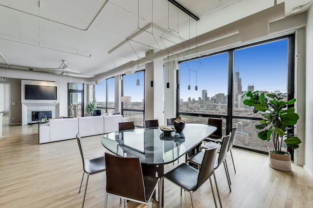 1530 S State St Unit 17B, Chicago, IL 60605 - dining area with a view of skyline, light wood-style floors, a glass covered fireplace, and floor to ceiling windows