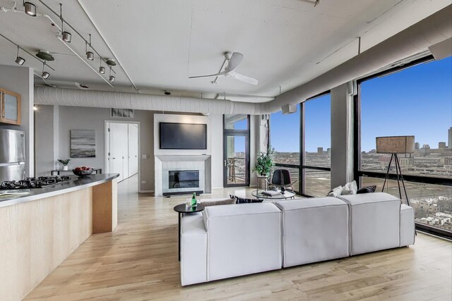 1530 S State St Unit 17B, Chicago, IL 60605 - living room featuring a glass covered fireplace, light wood-style flooring, healthy amount of natural light, and ceiling fan