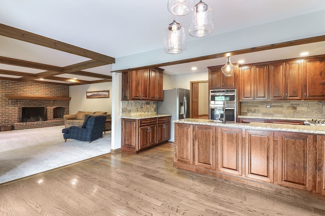 841 Turnbridge Cir, Naperville, IL 60540 - kitchen with stainless steel appliances, light wood-style floors, light stone counters, tasteful backsplash, and beam ceiling