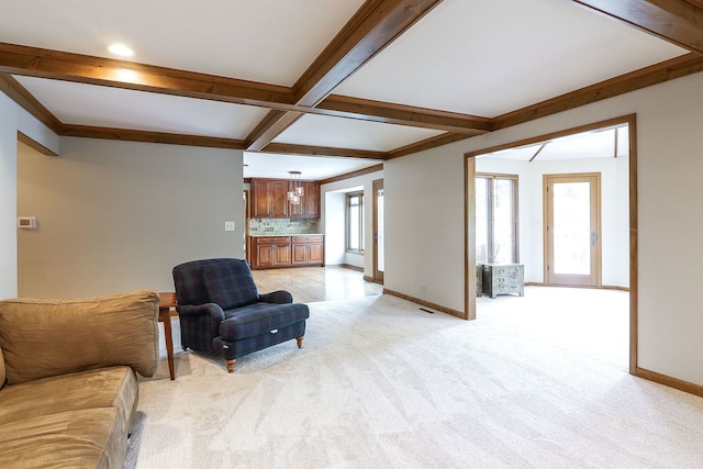 841 Turnbridge Cir, Naperville, IL 60540 - living room featuring baseboards, light carpet, beamed ceiling, and coffered ceiling