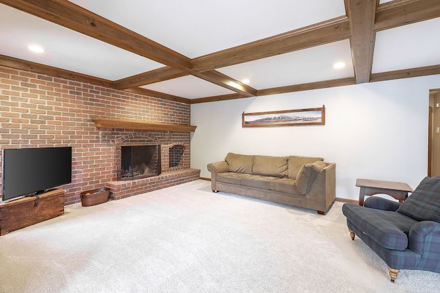 841 Turnbridge Cir, Naperville, IL 60540 - carpeted living room with beam ceiling, baseboards, a brick fireplace, and recessed lighting