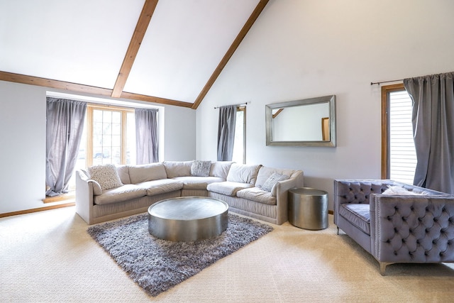 841 Turnbridge Cir, Naperville, IL 60540 - carpeted living room featuring high vaulted ceiling and beamed ceiling