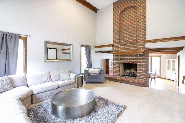 841 Turnbridge Cir, Naperville, IL 60540 - carpeted living area featuring high vaulted ceiling, a brick fireplace, and beamed ceiling