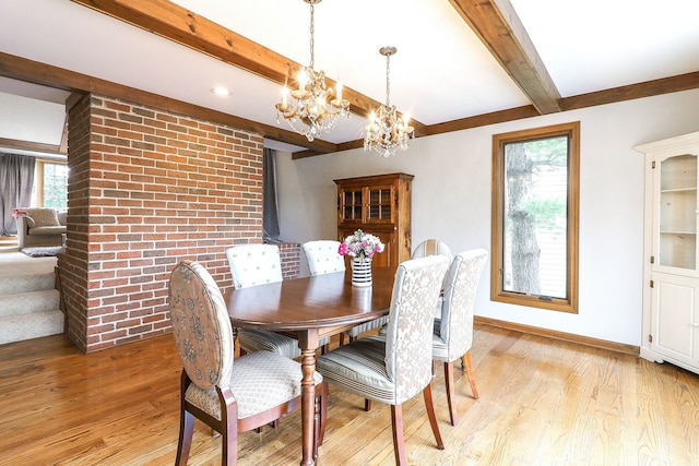 841 Turnbridge Cir, Naperville, IL 60540 - dining area featuring a chandelier, beamed ceiling, light wood-style floors, and baseboards