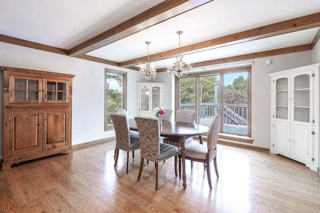 841 Turnbridge Cir, Naperville, IL 60540 - dining area with a chandelier, beamed ceiling, light wood finished floors, and baseboards