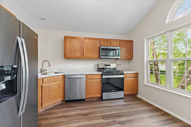 1623 Camberley Ct, Bartlett, IL 60103 - kitchen with stainless steel appliances, a sink, vaulted ceiling, light countertops, and dark wood-style flooring