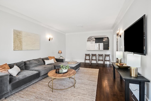 2906 Lincoln St, Evanston, IL 60201 - living room with ornamental molding, dark wood-type flooring, and arched walkways