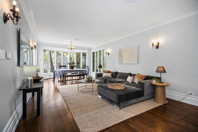 2906 Lincoln St, Evanston, IL 60201 - living room featuring ornamental molding, a chandelier, dark wood-style floors, and baseboards