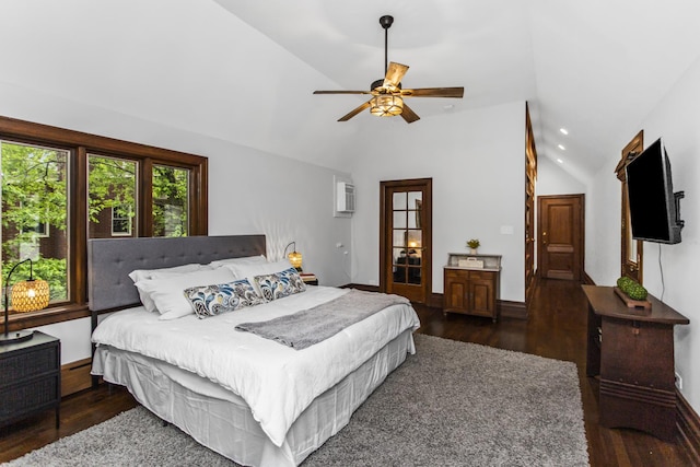 2906 Lincoln St, Evanston, IL 60201 - bedroom with wood finished floors, high vaulted ceiling, a wall mounted AC, recessed lighting, and ceiling fan