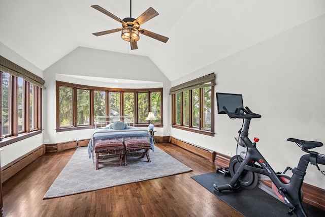 2906 Lincoln St, Evanston, IL 60201 - dining area with ceiling fan, wood finished floors, baseboards, and high vaulted ceiling