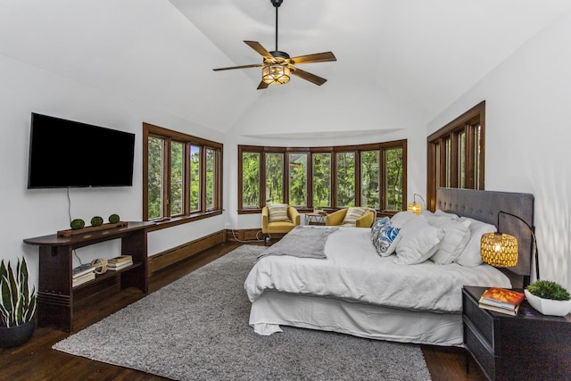 2906 Lincoln St, Evanston, IL 60201 - bedroom with dark wood-style floors, ceiling fan, baseboards, and high vaulted ceiling