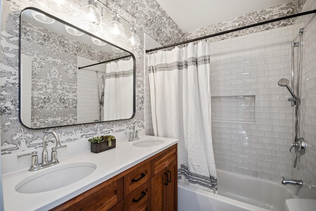 2906 Lincoln St, Evanston, IL 60201 - bathroom with shower / tub combo with curtain, double vanity, and wallpapered walls