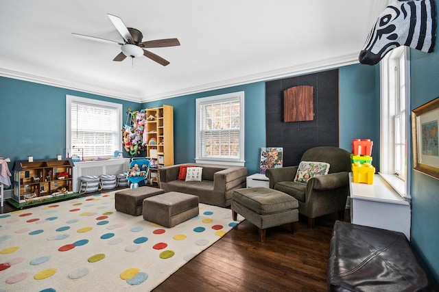2906 Lincoln St, Evanston, IL 60201 - living room with plenty of natural light, wood finished floors, crown molding, and ceiling fan