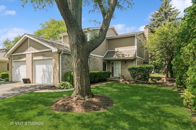 230 W Golfview Ter, Palatine, IL 60067 - mid-century inspired home with brick siding, a chimney, an attached garage, concrete driveway, and a front yard