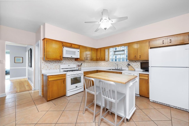 6141 W Peterson Ave, Chicago, IL 60646 - kitchen featuring white appliances, a sink, decorative backsplash, light tile patterned floors, and brown cabinets
