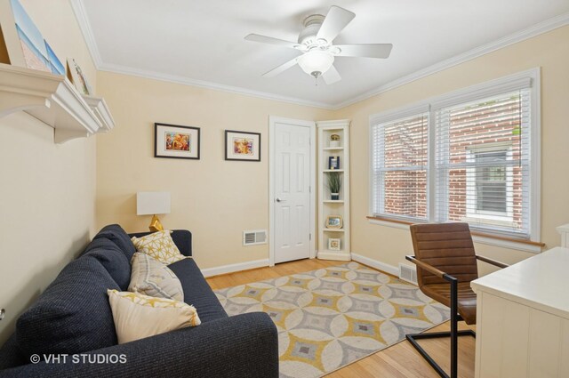 6209 N Legett Ave, Chicago, IL 60646 - office area featuring light wood-style floors, crown molding, and a ceiling fan