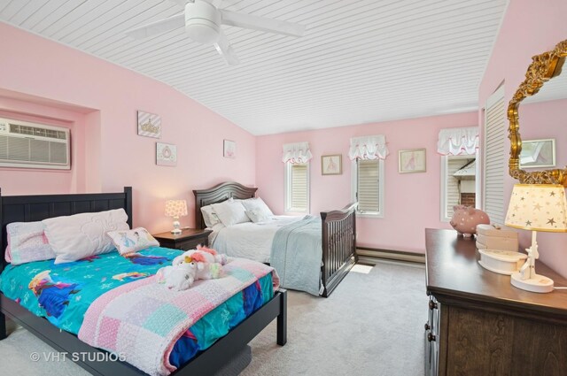 6209 N Legett Ave, Chicago, IL 60646 - bedroom featuring an AC wall unit, light carpet, baseboard heating, ceiling fan, and vaulted ceiling