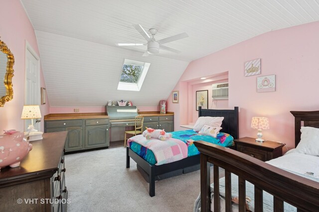 6209 N Legett Ave, Chicago, IL 60646 - bedroom featuring vaulted ceiling, a skylight, light colored carpet, and ceiling fan