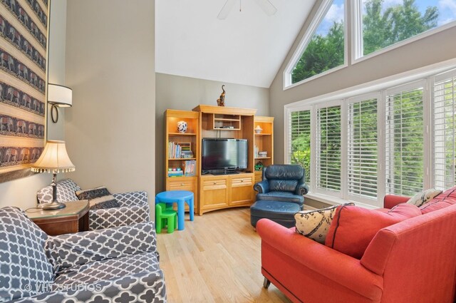 6209 N Legett Ave, Chicago, IL 60646 - living room with light wood-style flooring, high vaulted ceiling, and ceiling fan