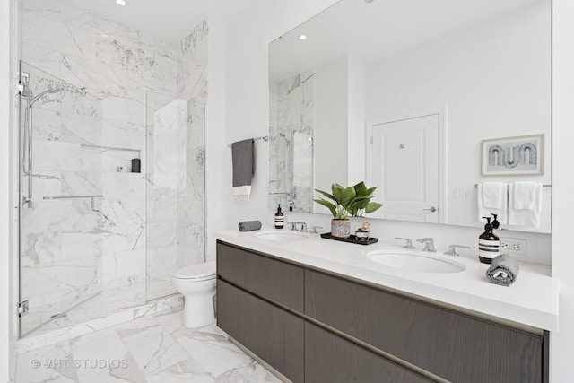 363 E Wacker Dr Unit 7501, Chicago, IL 60601 - full bath with a marble finish shower, double vanity, marble finish flooring, and recessed lighting