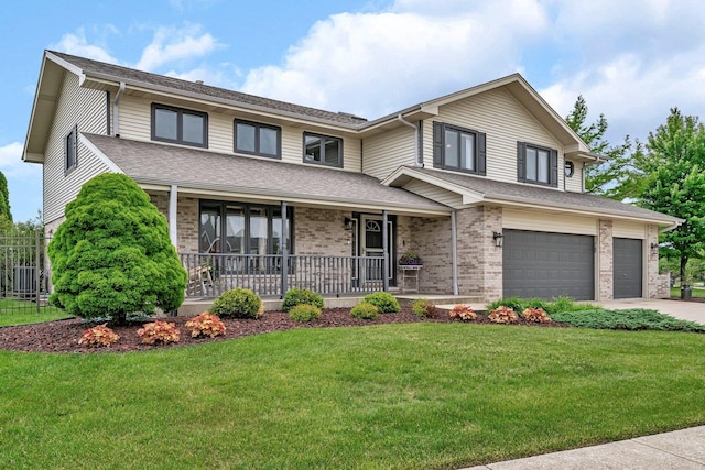 19415 Lisadell Dr, Tinley Park, IL 60487 - view of front of property with covered porch, central AC, a front yard, brick siding, and a garage