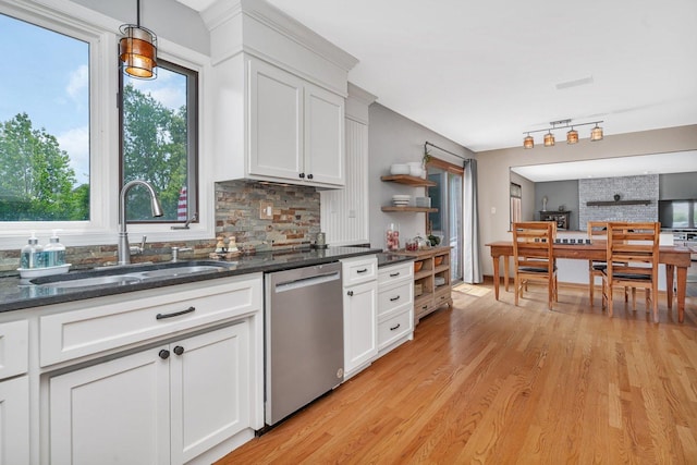 19415 Lisadell Dr, Tinley Park, IL 60487 - kitchen with stainless steel dishwasher, a sink, decorative backsplash, light wood finished floors, and open shelves