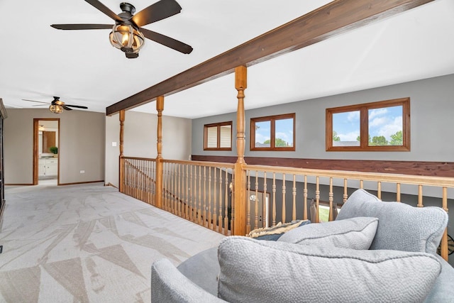 19415 Lisadell Dr, Tinley Park, IL 60487 - living area featuring a ceiling fan, carpet floors, beamed ceiling, and baseboards