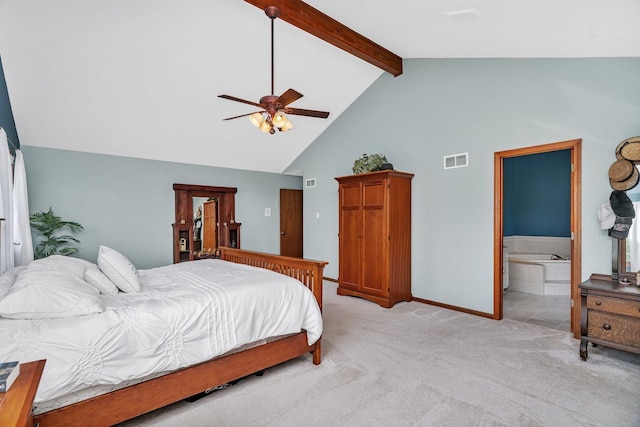 19415 Lisadell Dr, Tinley Park, IL 60487 - bedroom with light colored carpet, beam ceiling, baseboards, ensuite bathroom, and ceiling fan